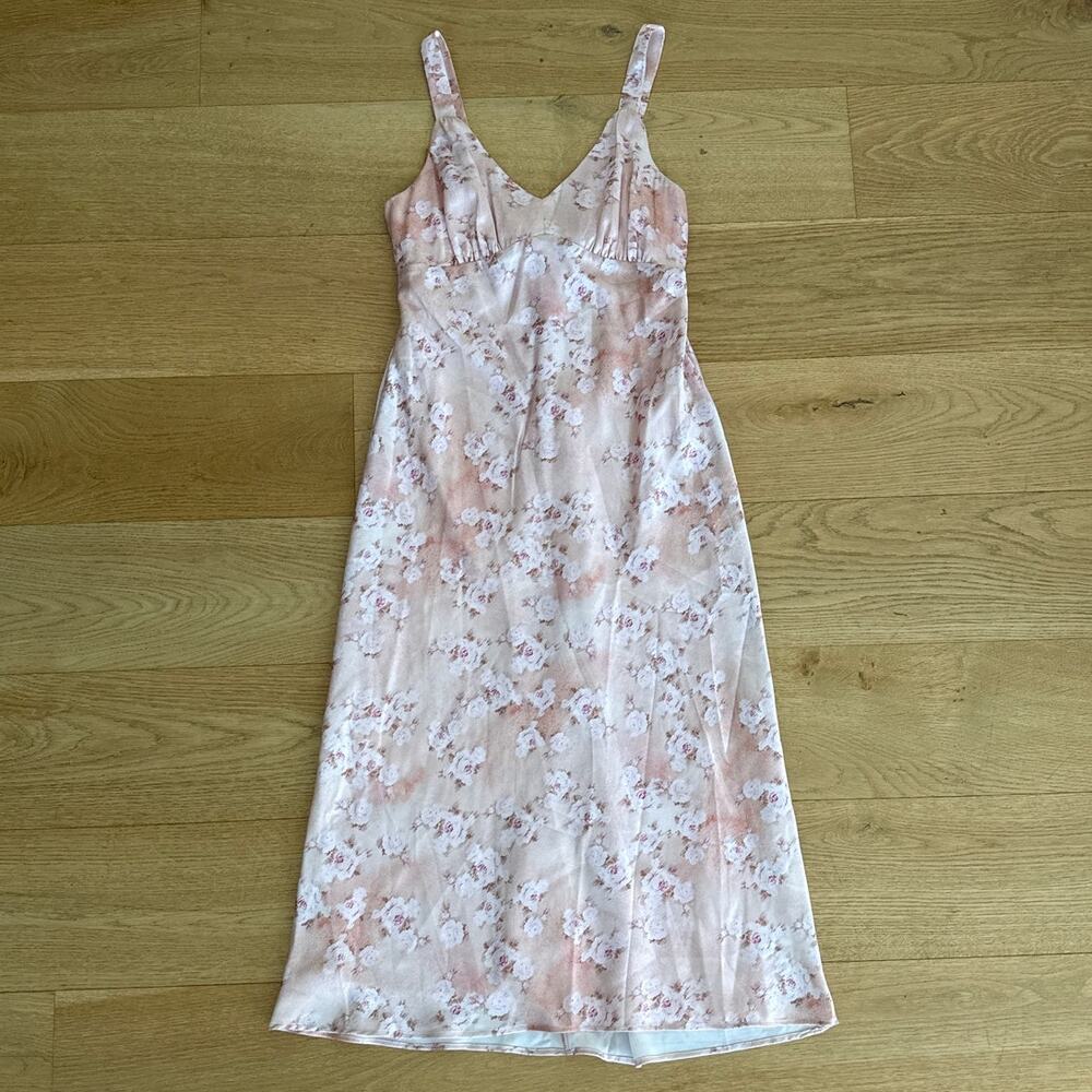 Lulus Satin Midi Dress Sleeveless Slip Floral Sweet Brilliance Size L Pink